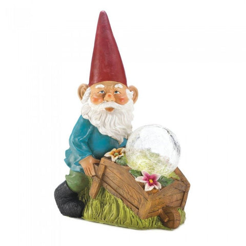 Gnome With Wheel Barrow Solar Statue