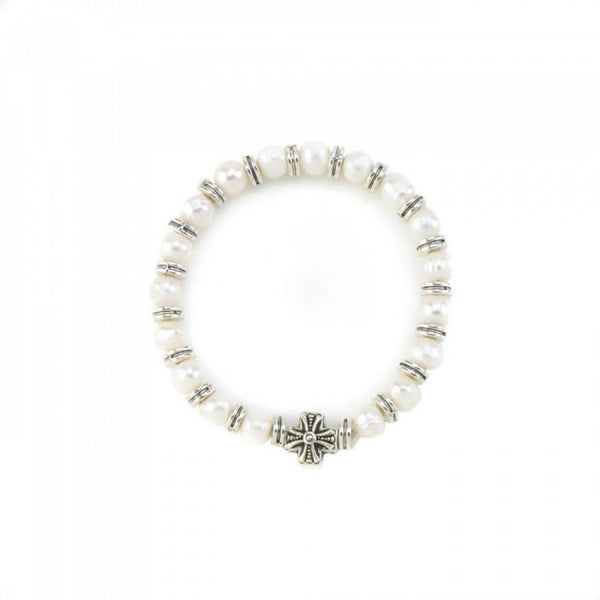 Pearl Stretch Bracelet With Cross