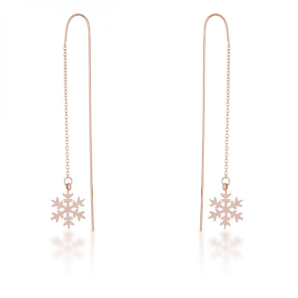 Noelle Rose Gold Stainless Steel Snowflake Threaded Drop Earrings