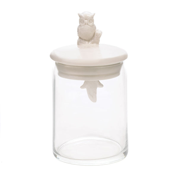 Porcelain Owl Perched Atop Glass Jar