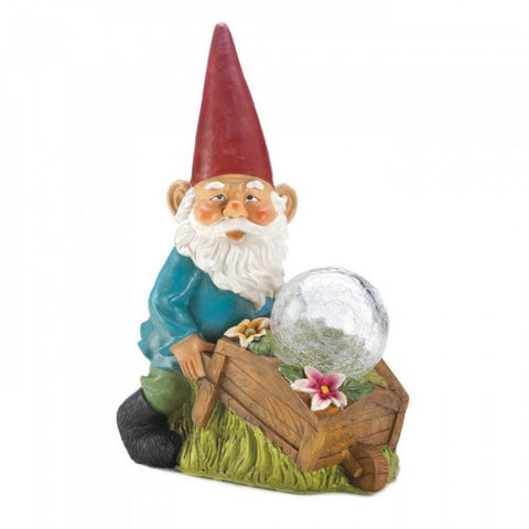 Gnome With Wheel Barrow Solar Statue