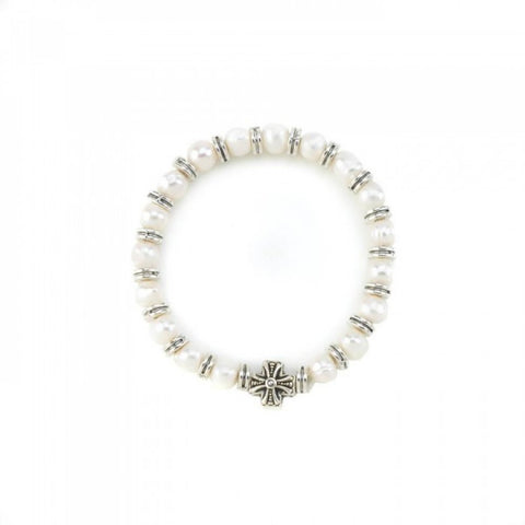 Pearl Stretch  Bracelet With Cross