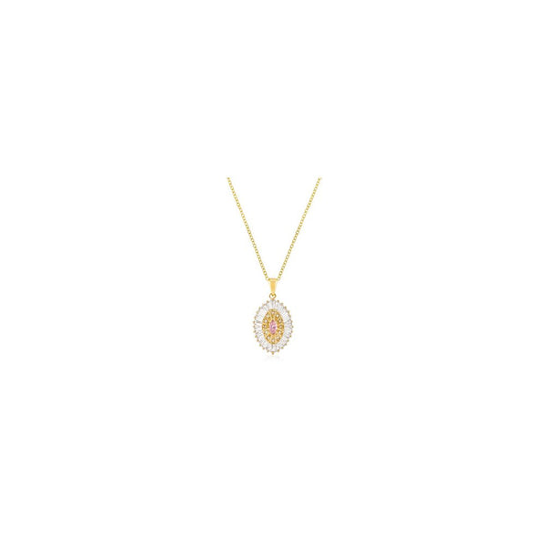 Goldtone Pink And Clear Cz Oval Halo Pendant