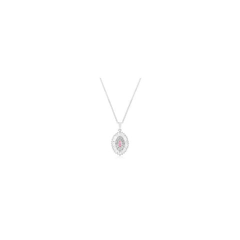 Silvertone Pink And Clear Cz Oval Halo Pendant