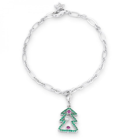 Christmas Tree 0.35ct Cz Rhodium Holiday Charm Bracelet