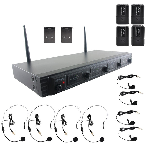 Pyle Wireless Microphone System Uhf Quad Channel Fixed Frequency (4 Headset & 4 Lavalier Microphones)