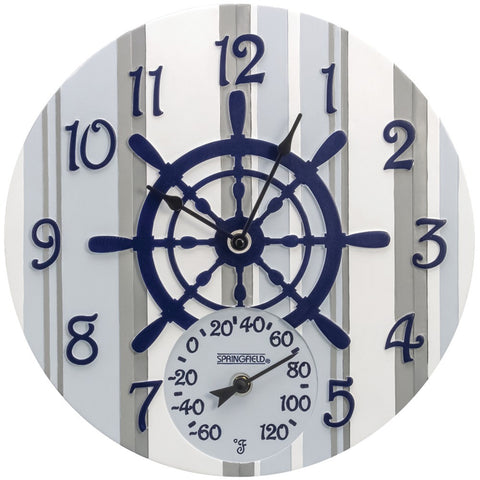 Springfield 14" Poly Resin Clock With Thermometer (Captain's Wheel)